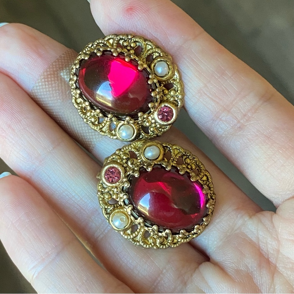 Vintage signed West Germany purple pink glass cabochons filigree earrings